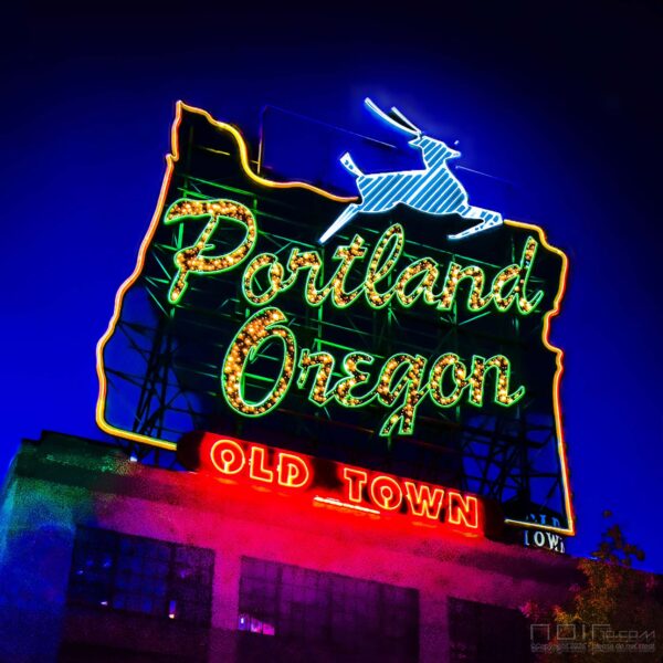 White Stag Portland, Oregon neon sign glowing gold at dusk — Noir10 handmade LED backlit print