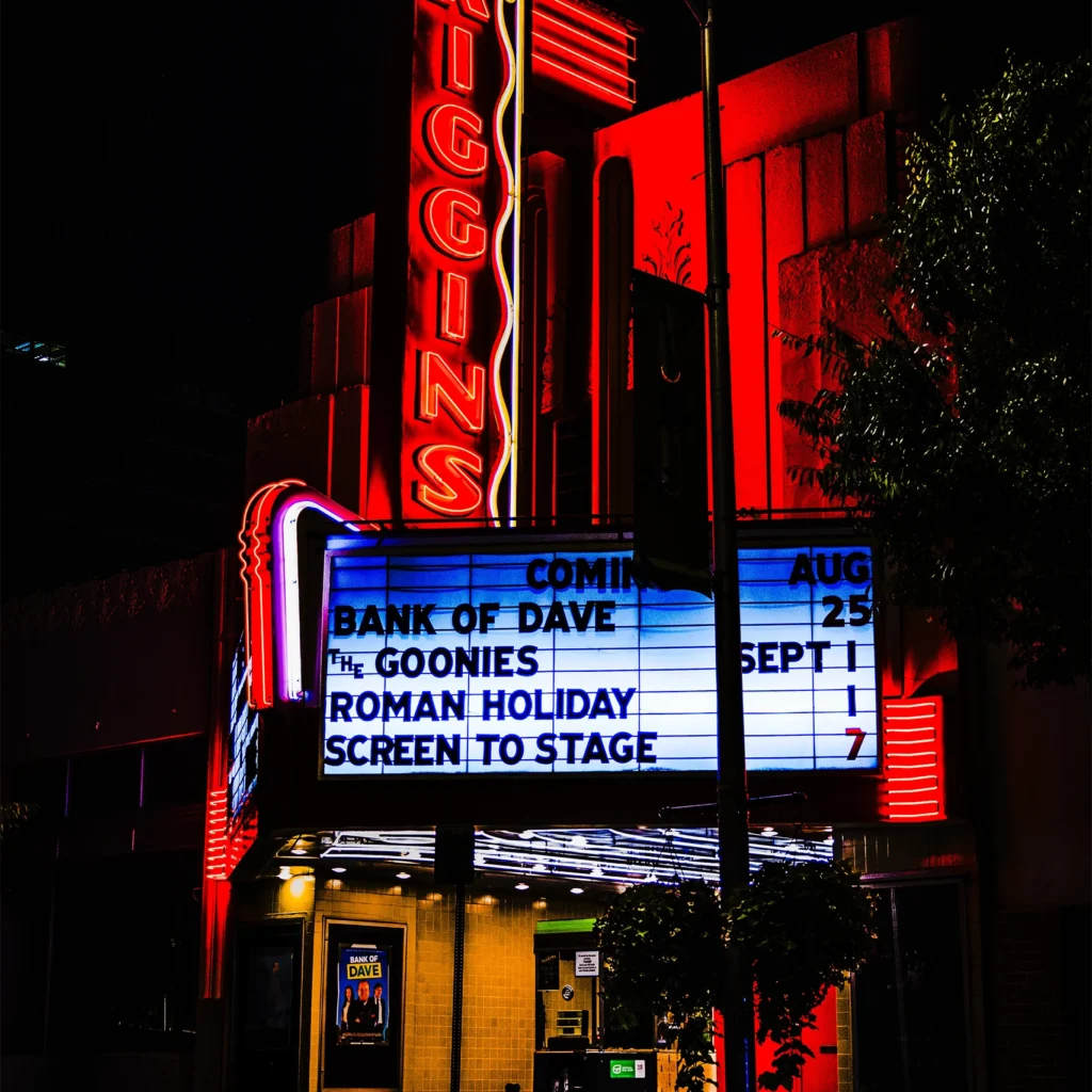 Kiggins Theater, Vancouver, Washington, neon sign glowing red at night — Noir10 handmade LED backlit print