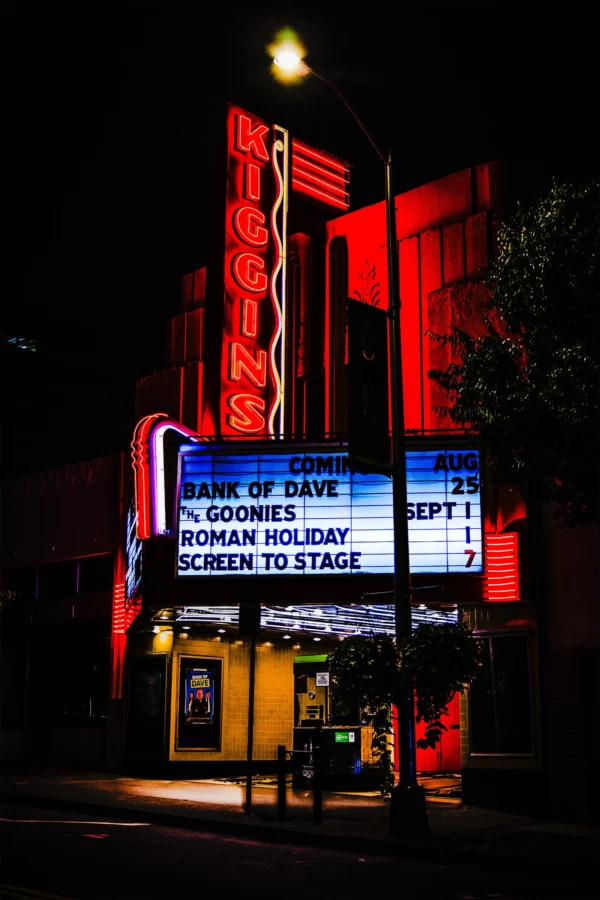 Kiggins Theater, Vancouver, Washington, neon sign glowing red at night — Noir10 handmade LED backlit print