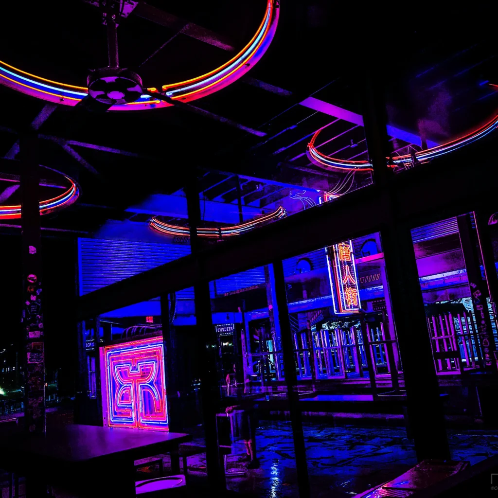 Rice Box Houston neon lighting at night — Noir10 handmade LED backlit print