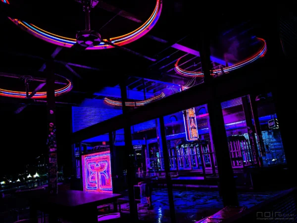 Rice Box Houston neon lighting at night — Noir10 handmade LED backlit print