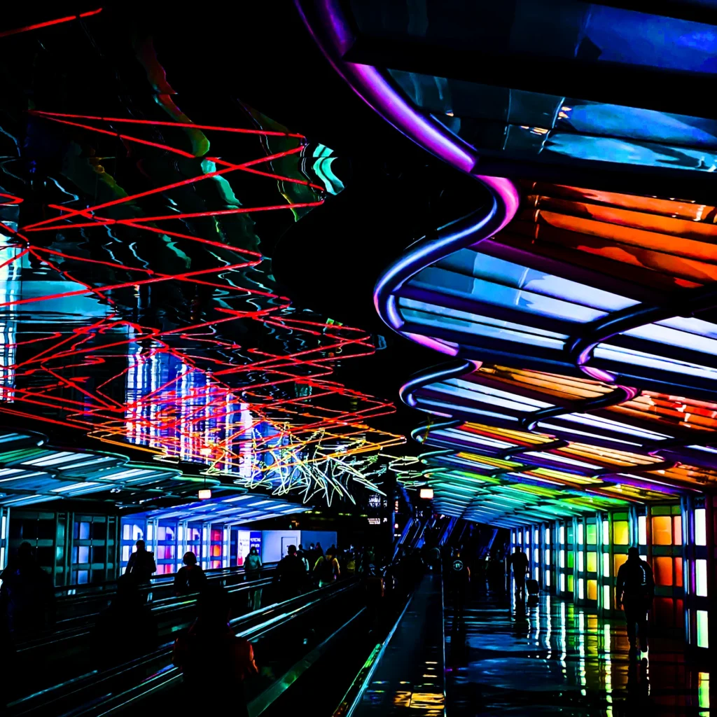 The Sky's the Limit neon exhibit at Chicago airport — Noir10 handmade LED backlit print