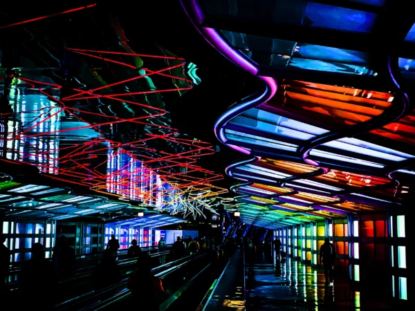 The Sky's the Limit neon exhibit at Chicago airport — Noir10 handmade LED backlit print
