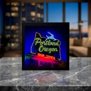 White Stag Portland, Oregon neon sign glowing gold at dusk — Noir10 handmade LED backlit print