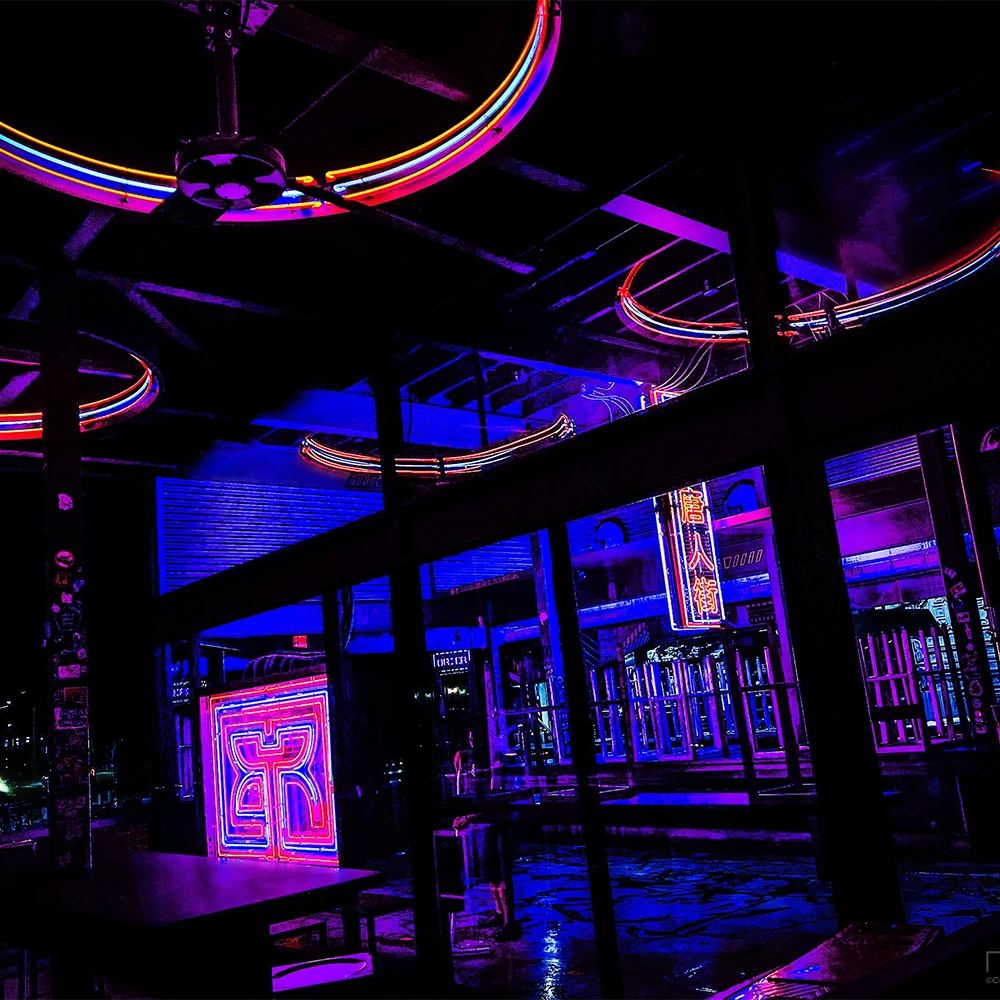 Rice Box Houston neon lighting at night — Noir10 handmade LED backlit prints