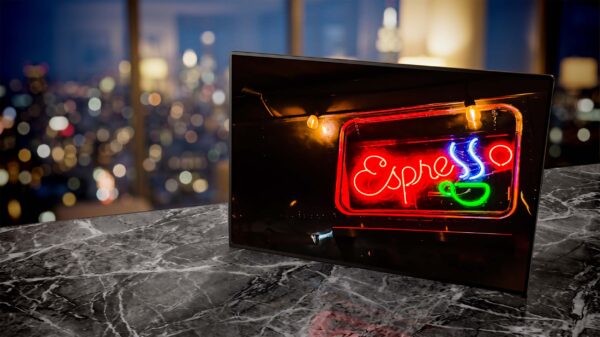 Coffee cart neon sign glowing red and green at night — Noir10 handmade LED backlit print