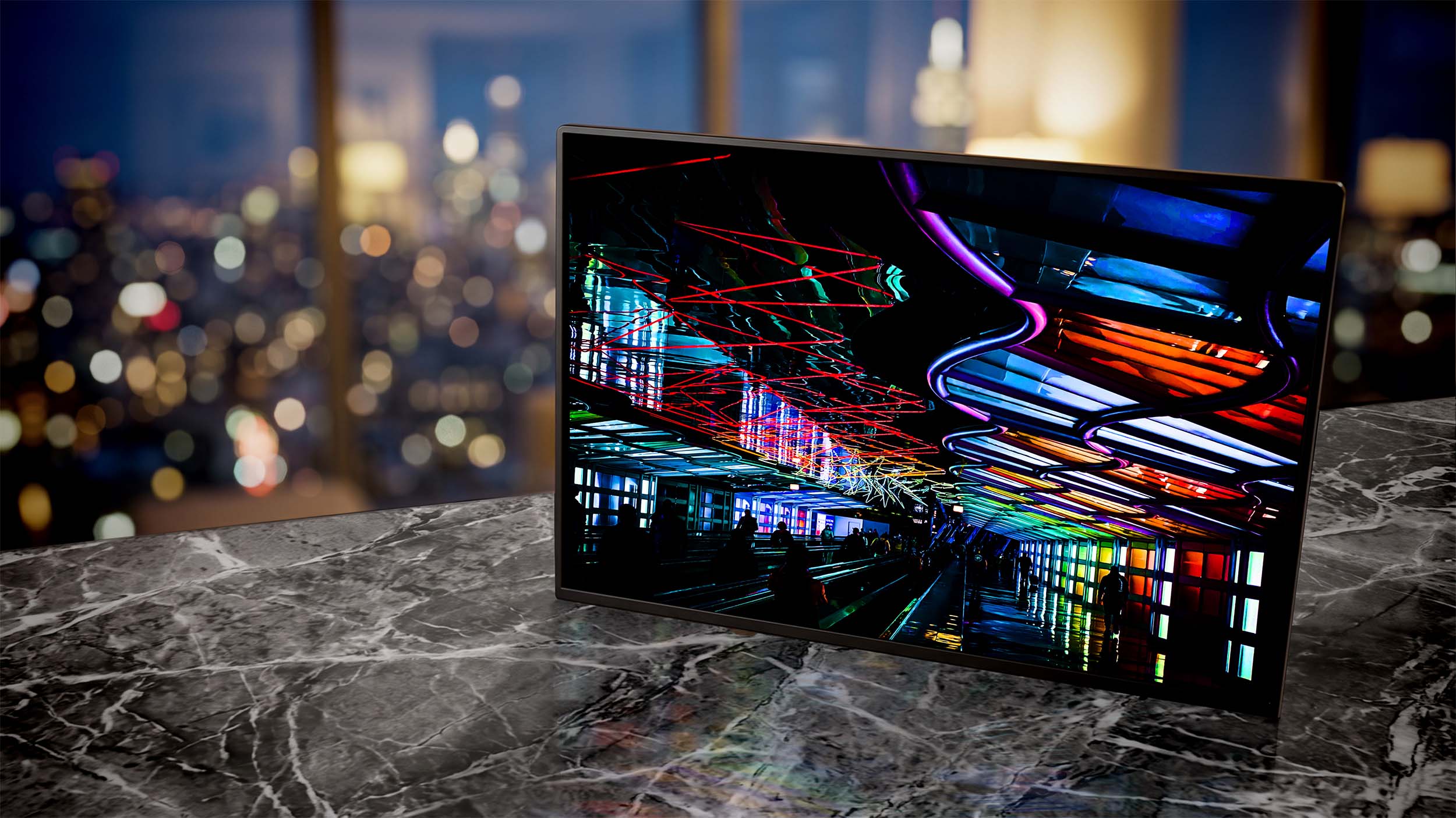 The Sky's the Limit neon exhibit at Chicago airport — Noir10 handmade LED backlit print