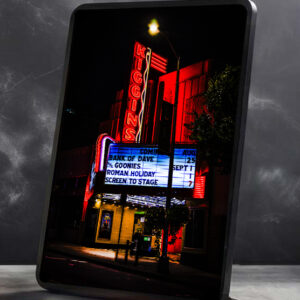 Kiggins Theater, Vancouver, Washington, neon sign glowing red at night — Noir10 handmade LED backlit print