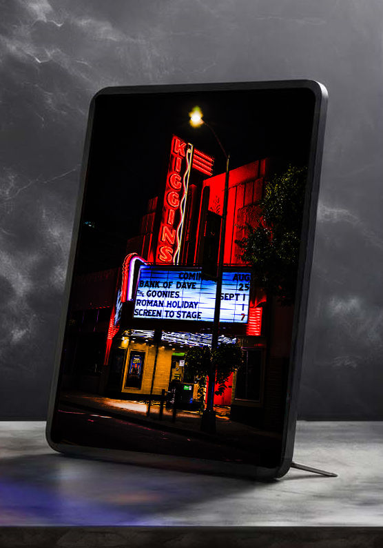 Kiggins Theater, Vancouver, Washington, neon sign glowing red at night — Noir10 handmade LED backlit print