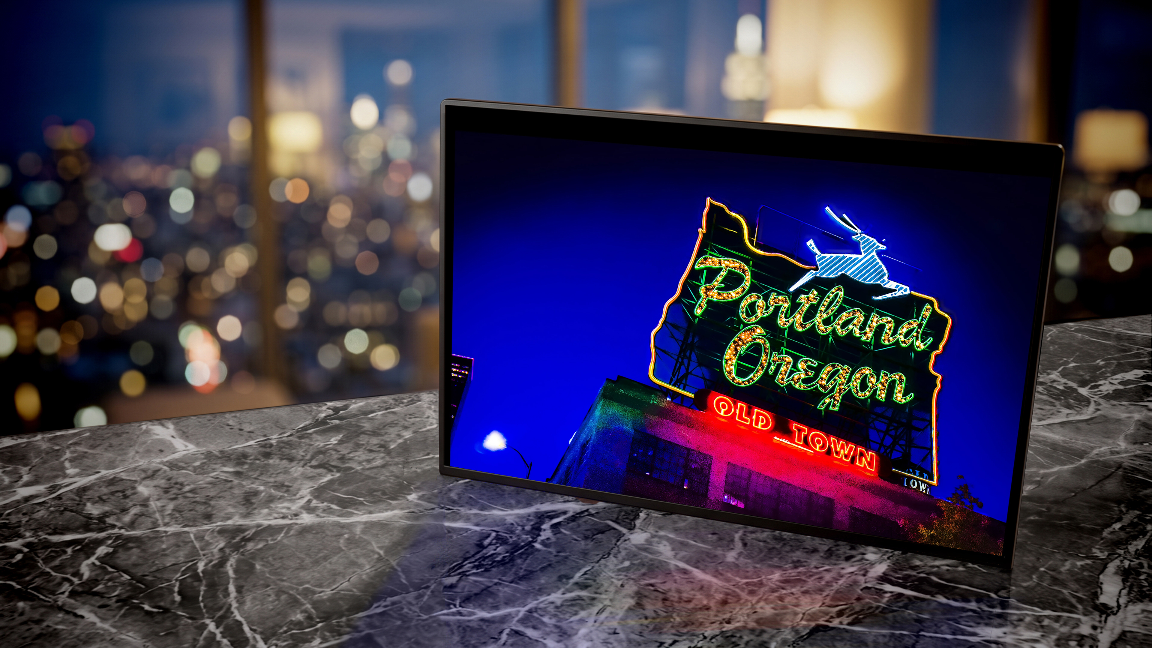White Stag Portland, Oregon neon sign glowing gold at dusk — Noir10 handmade LED backlit print