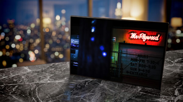 Mr. Plywood neon sign glowing red in living room — Noir10 handmade LED backlit print