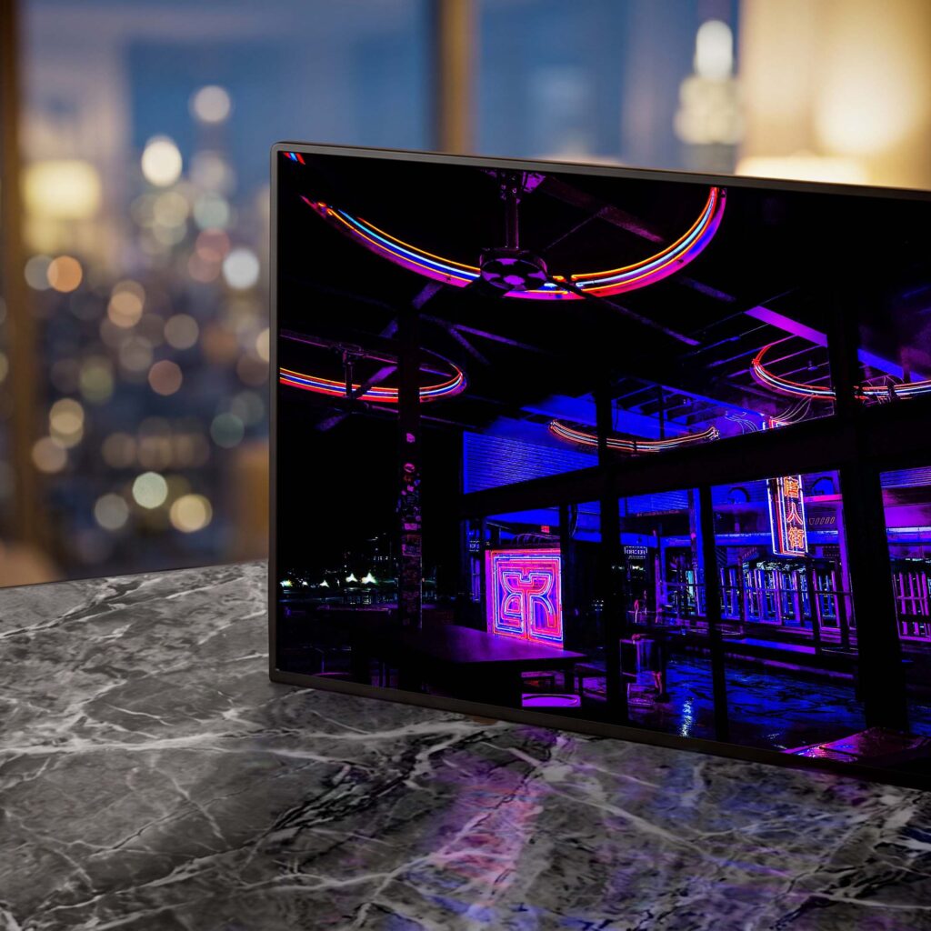Rice Box Houston neon lighting at night — Noir10 handmade LED backlit prin