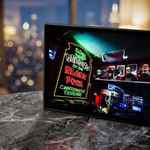 Dragon of the Black Pool neon glowing green inside Movie Madness — Noir10 handmade backlit print