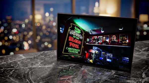 Dragon of the Black Pool neon glowing green inside Movie Madness — Noir10 handmade backlit print