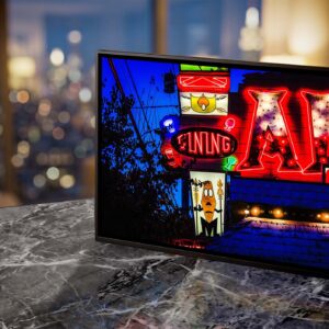 Alibi Tiki Lounge neon sign glowing red at dusk — Noir10 handmade LED backlit print